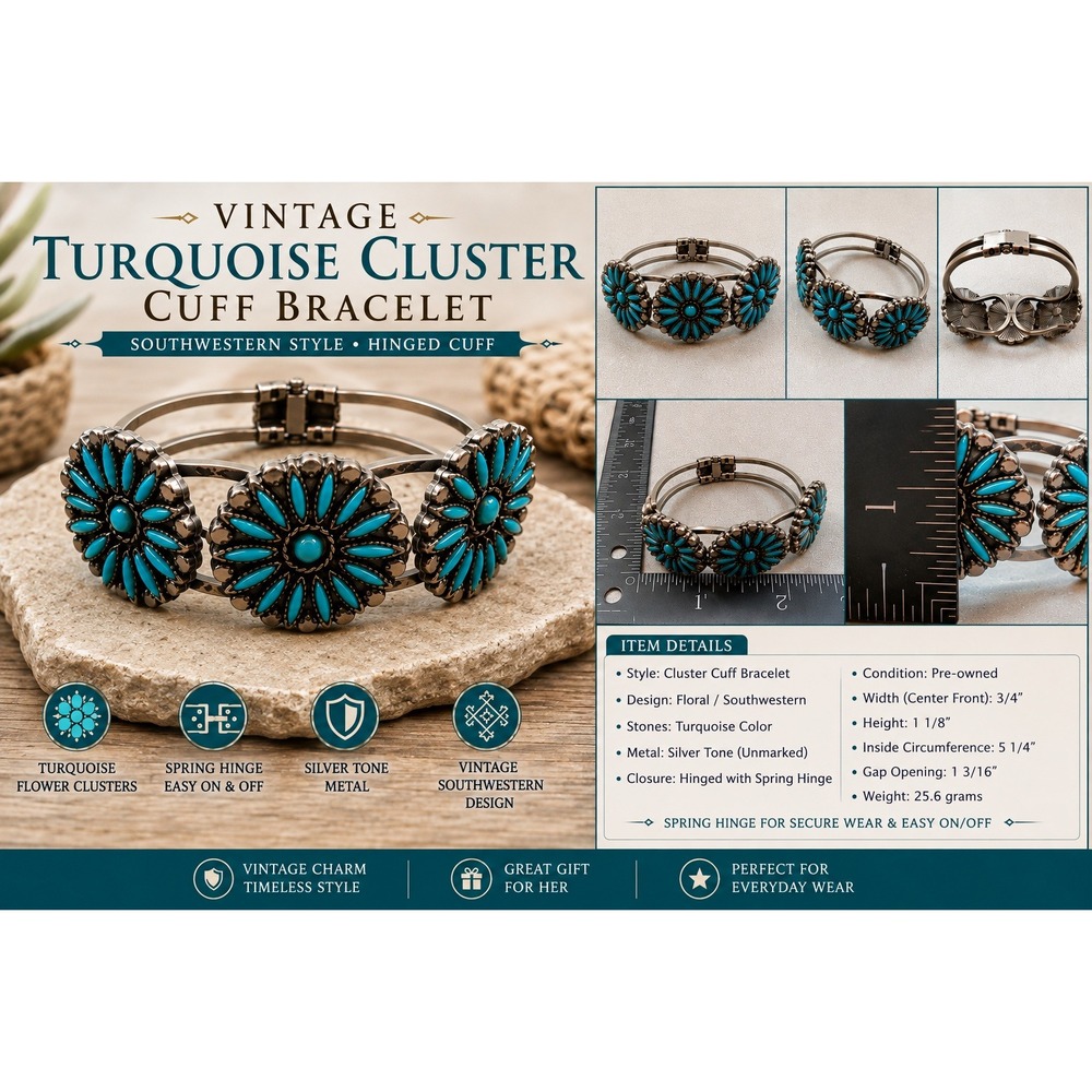 Vintage Turquoise Cluster Cuff Bracelet Southwestern Floral Hinged Silver Tone